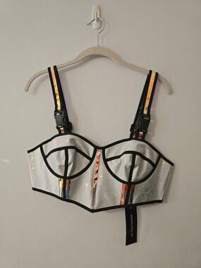 NWT Dolls Kill x Club Exx White Black Vinyl Rave Holographic Crop Top Bralette M